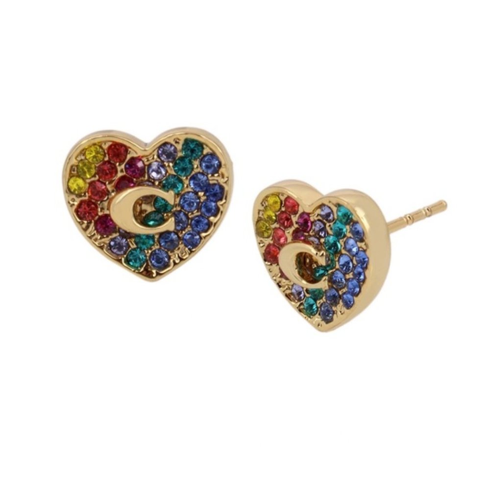 NWT COACH Rainbow Pave Heart Stud Earrings Signature C